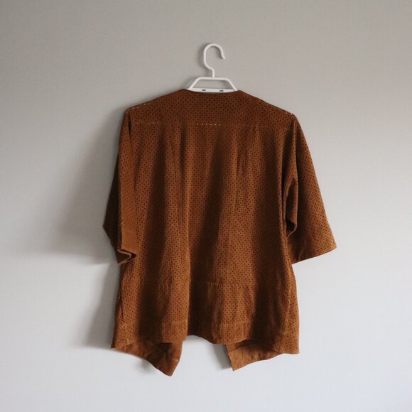 Alfani Women's Brown Sz‎ MP Brown Faux Suede Open Front Casual Eyelet Jacket - Picture 2 of 10